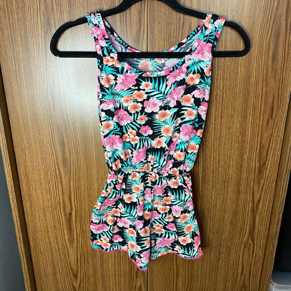 Bobbie Brooks Romper Girls Size S 6/6X Black Pink Tropical Floral Pom Pom Trim‎